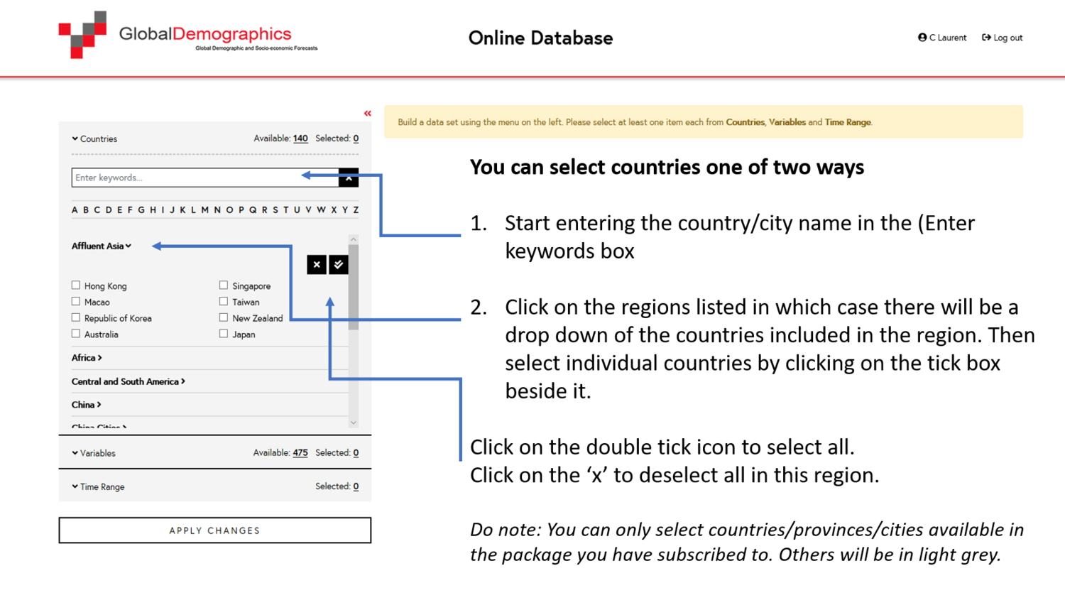 The country and region selection panel
