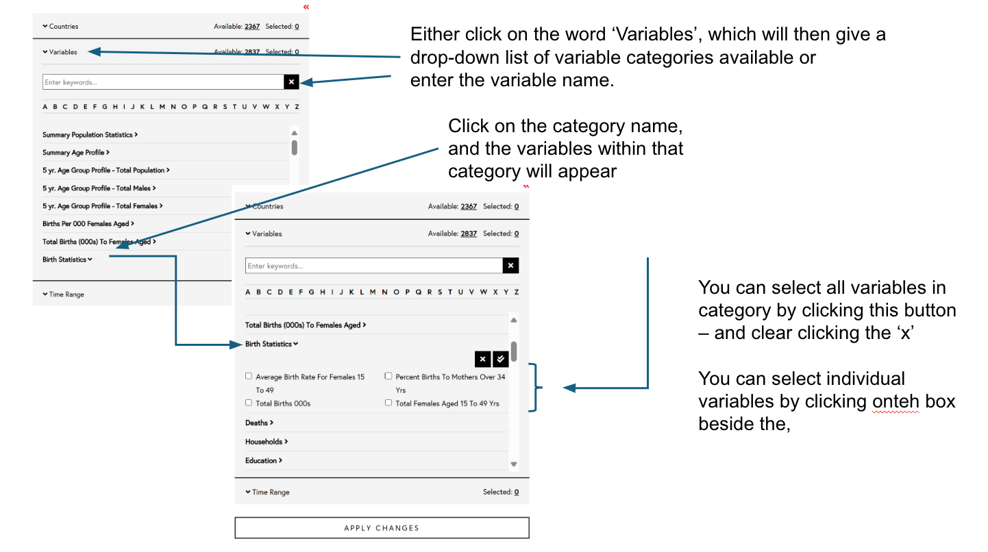 The variable category selection panel